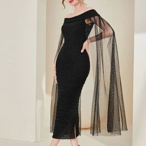 Elegant Black Off-Shoulder Dress with Sheer Cape